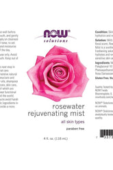 Now Foods Rosewater Rejuvenating Mist 118 ml, hydrating mist for all skin types, paraben free, floral scent.